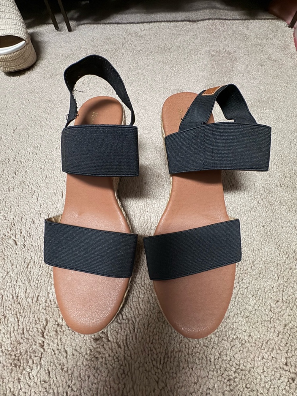 Tommy Bahama Black Elastic Twin-Strap Sandals with Tan Footbed